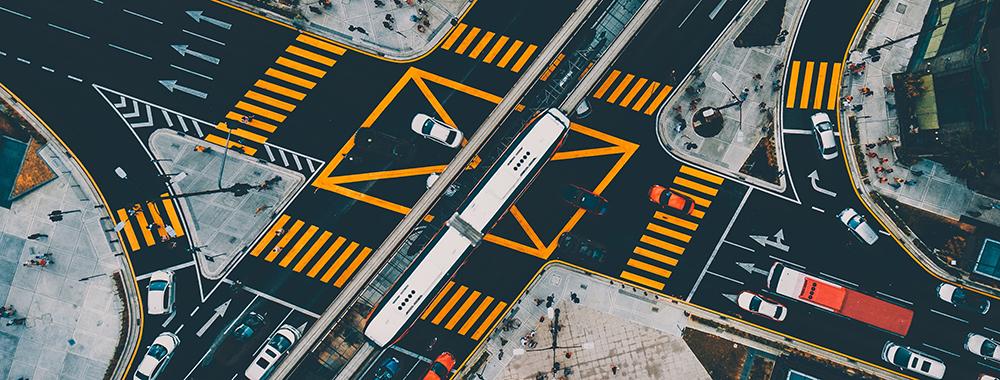 overhead shot of a busy traffic intersection