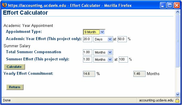 screen capture of effort calculator