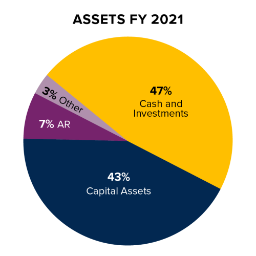 Assets FY 2021 pie chart showing 43% Capital Assets, 47% Cash and Investments, 7% AR, and 3% Other