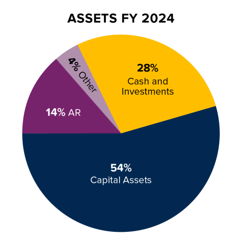 Assets FY 2024 pie chart showing 54% Capital Assets, 28% Cash and Investments, 14% AR, and 4% Other